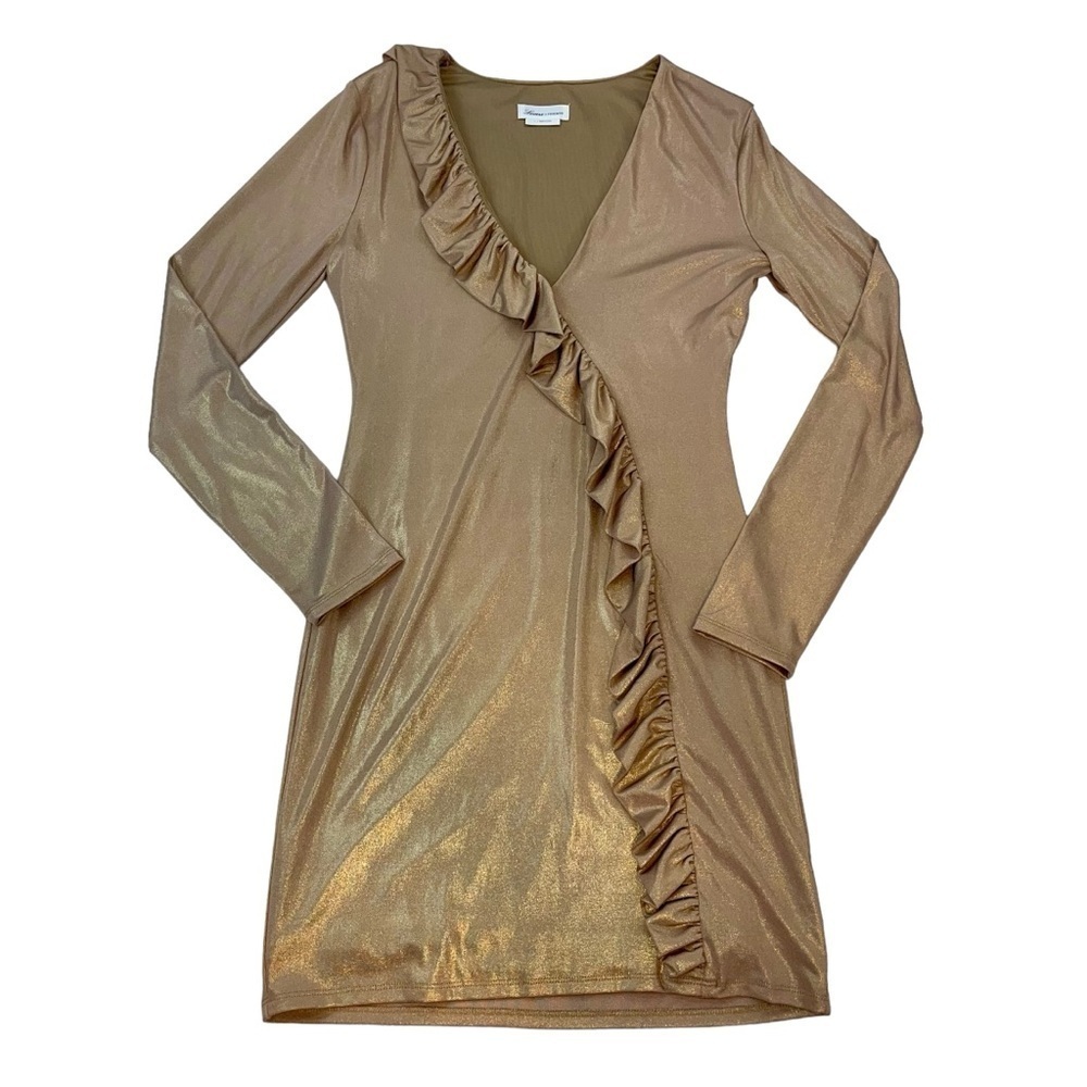 Lovers + Friends Revolve Mini Dress Bronze Metallic Small Gold Long Sleeve Sz LG
